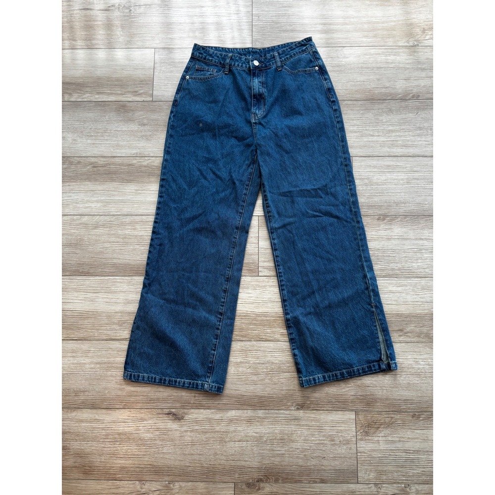 Cider Womens XL Wide Leg Rainbow Heart Cutout Jeans Medium Wash Blue Denim Slit